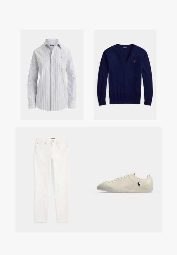 Marineblauwe V-hals trui met lange mouwen, rood geborduurd Polo Ralph Lauren-logo op de linkerborst en geribbelde boorden en zoom.; Wit overhemd met knopen, dunne verticale blauwe strepen, lange mouwen, puntige kraag en klein geborduurd logo op de borst.; Witte slim-fit jeans met een voorknop, riemlussen en een vijf-pocket ontwerp, gelegd op een witte achtergrond.; Lage crèmekleurige leren sneaker met veter aan de voorkant, gestructureerde zool en zwart Polo-spelerlogo aan de zijkant.