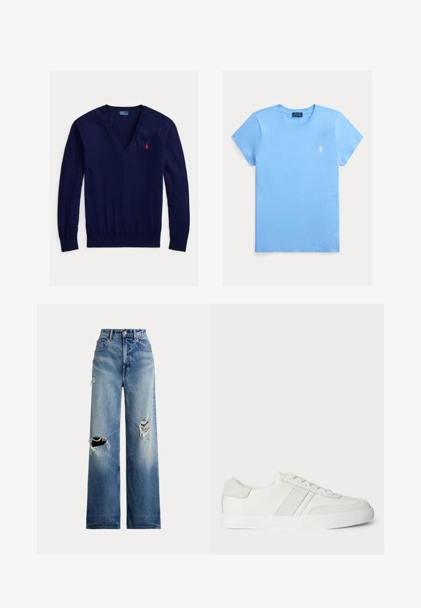 Marineblauer V-Ausschnitt Langarm-Pullover mit rotem besticktem Polo Ralph Lauren Logo auf der linken Brust sowie gerippten Bündchen und Saum.; Hellblaues T-Shirt mit kurzen Ärmeln und Rundhalsausschnitt mit kleinem weißem Polo Ralph Lauren-Logo auf der linken Brust, bestickt.; Weitbeinige blaue Jeans aus Denim mit aufgerissenen Knien, hoher Taille, Knopfverschluss und klassischem Fünf-Taschen-Design.; Weiße Sneaker mit einem Obermaterial aus glattem Leder, Wildlederakzenten und flachen Schnürsenkeln. Verfügt über eine strukturierte Gummisohle und ein minimalistisches Design.