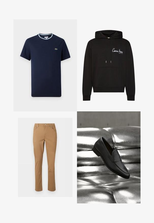 Musta vetoketjullinen huppari, jossa etutasku, säädettävä kiristysnauha hupussa ja valkoinen "Calvin Klein Established 1968" -logo rinnassa.; T-paita tummansinisestä puuvillasta, vaaleansinisellä ribsireunalla. Rinnassa pieni vihreä krokotiililogot. Lyhythihainen malli.; Suorat ruskeat housut, joissa on etutaskut, vyölenkit, vetoketju ja napillinen kiinnitys, yksiväristä vaaleaa taustaa vasten.; Musta nahkainen loafer-kenkä leijuu kiiltävän hopeanvärisen, tikkipintaisen nahkasohvan yläpuolella neutraalissa ympäristössä.