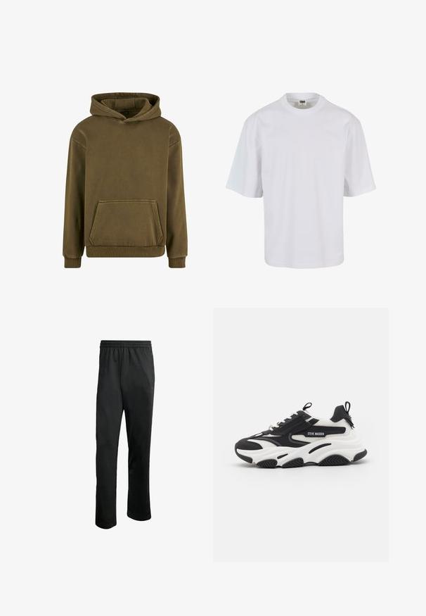 Urban Classics Huppari - warmkhaki; Valkoinen, lyhythihainen t-paita, joka on valmistettu puuvillasta. Siinä on pyöreä kaula-aukko ja löysä istuvuus, sileä rakenne sekä ei näkyviä kuvioita tai graafisia elementtejä.; Mustat urheiluhousut, joissa on mukava joustava vyötärö, kaksi sivutaskua ja sileä, kevyt kangas. Sisältää hillittyä logoa.; Musta-valkoinen lenkkitossu, jossa on verkkomateriaali ylhäällä, pehmustettu pohja ja teksturoitu kumipohja. Mukana nyörit ja vetotappi kantapäässä.