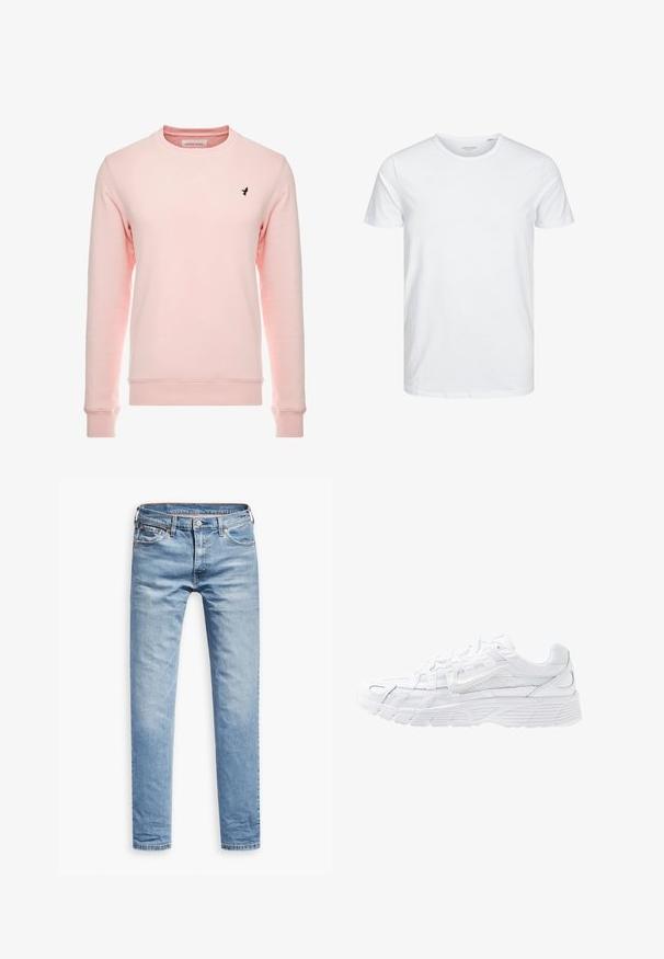 Lyserød sweatshirt med lange ærmer, rund halsudskæring og ribbede manchetter. Har et lille marineblåt logo på venstre bryst. Blød tekstur.; Rundhals kortærmet t-shirt i ensfarvet hvid, lavet af blød bomuld, har et simpelt design uden synlige mønstre eller detaljer.; Lyseblå denimbukser, lige pasform, fem-lomme design, med lynlås og knaplukning. Glat tekstur med subtile falmede detaljer.; Nike Sportswear P 6000 - Sneakers - white/platinum tint