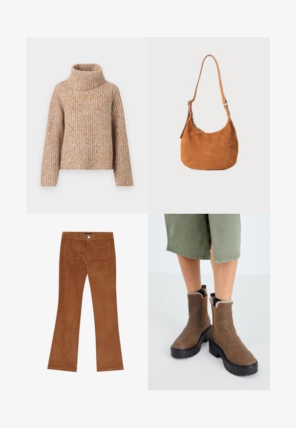 Striktrøje i beige og tan nuancer med høj, rullet krave og lange ærmer. Ribbet tekstur tilføjer visuel interesse og varme.; Brune fløjlsbukser med udvidet ben, der har en ribbet tekstur, knaplukning foran og to baglommer.; Brune læder ankelstøvler med gummisål, blød foring og elastiske sideindsatser. Har en lav blokhæl og en glat overflade.; Tan ruskinds skuldertaske med buet design, justerbar rem, metallynlås og præget logo-detail på forsiden.
