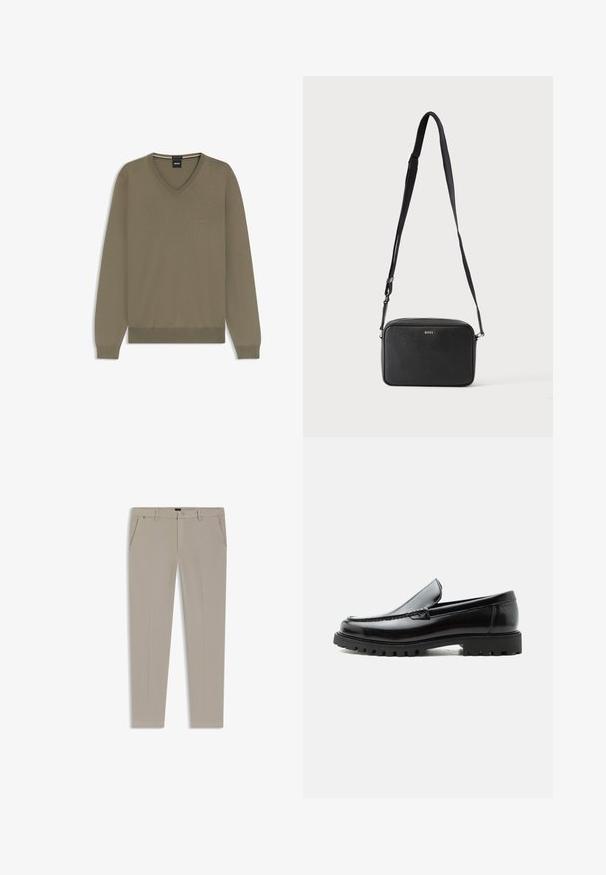 Oliven grøn v-hals langærmet sweater med ribstrikkede mansjetter og kant, lille "BOSS" logo broderet på venstre bryst.; Beige straight-leg bukser lavet af et glat stof, med to forlommer, en knaplukning og minimale syninger.; Sort læderloafer med chunky gummisål, syet overdel og præget mærkenavn på hælen, vist i sideprofil på hvid baggrund.; Sort rektangulær crossbody taske med justerbar rem og BOSS-logo foran, sat mod en ensfarvet lys baggrund.