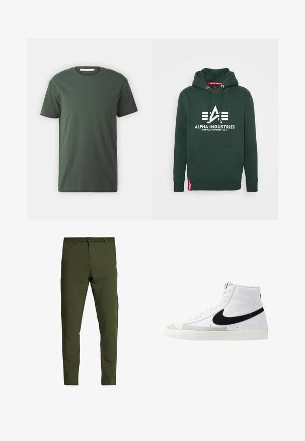 Hoodie vert foncé avec une poche avant, arborant un logo blanc et le texte "ALPHA INDUSTRIES" sur la poitrine. Comprend une capuche avec cordon de serrage et des poignets côtelés.; T-shirt en coton vert foncé, à manches courtes, col rond, coupe décontractée, design uni et texture lisse sans motifs ni accents visibles.; Pantalon vert olive à coupe slim, fabriqué à partir d'un tissu lisse et durable. Il dispose d'une fermeture éclair, d'un bouton de fermeture et de poches standard.; Baskets montantes blanches avec un swoosh noir, un capuchon de pied texturé gris et une semelle plate blanche. Elles possèdent six œillets et des accents cousus.