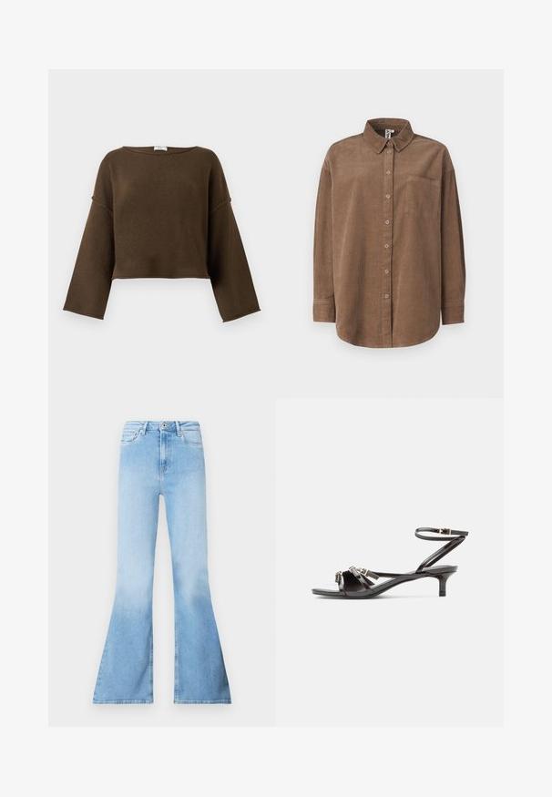 Suéter corto marrón con un escote amplio, mangas largas y una textura suave. Diseño simple y sin adornos, adecuado para varios conjuntos.; ONLY ONLAIME MOXI LONG - Blusa - fossil; Vaqueros acampanados de mezclilla en azul claro con cintura alta, que cuentan con bolsillos delanteros y una textura desgastada hacia la parte inferior de las piernas.; Sandalia de charol negro con tiras delgadas, tacón pequeño tipo gatito y cierre ajustable con hebilla en el tobillo.