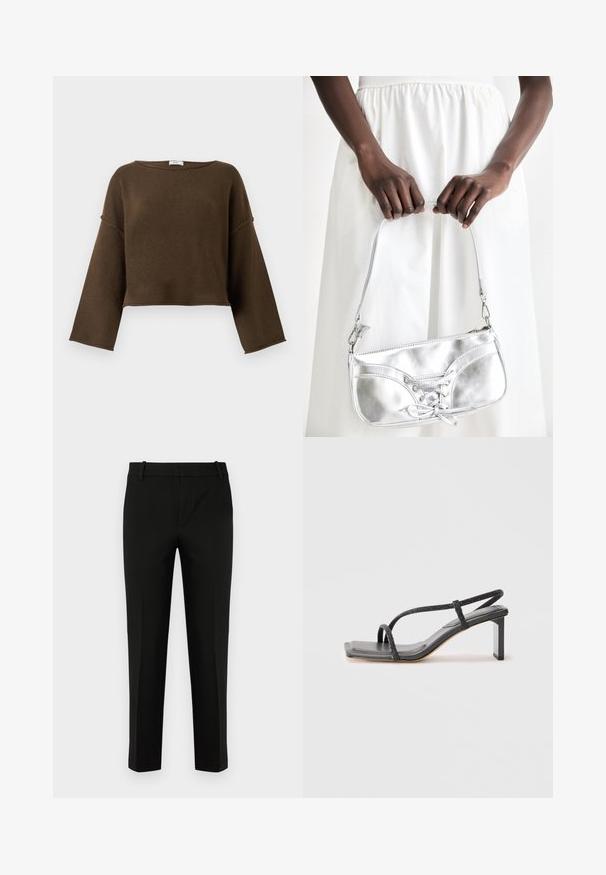 Pull court marron avec une encolure large, des manches longues et une texture douce. Design simple et sans ornements, adapté à diverses tenues.; Pantalons noirs à coupe slim, avec un devant plat, des poches latérales et une texture lisse. Conçus avec une taille mi-haute et des jambes fuselées.; Sandale noire à lanières avec un bout carré et un talon carré. Elle présente des fines lanières métalliques et une semelle en cuir lisse. Design minimaliste.; Sac à main en métal argenté avec un détail à lacets, arborant un design épuré et une courte sangle. Le sac est tenu dans les mains, mettant en valeur sa texture.