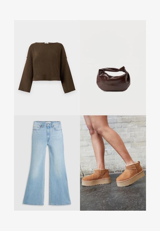 Brauner, kurz geschnittener Pullover mit weitem Ausschnitt, langen Ärmeln und einer weichen Textur. Einfaches, unaufdringliches Design, das sich für verschiedene Outfits eignet.; Helle blaue Schlagjeans mit hoher Taille, aus Denim gefertigt. Sie verfügen über ein klassisches Fünf-Taschen-Design und einen rohen Saum an den Säumen.; Braune Wildleder-Stiefeletten mit einem weichen Futter, dicker beige Plateau-Sohle und einer Zuglasche auf der Rückseite. Strukturiert Oberfläche mit sichtbaren Nähdetails.; Dunkelbraune Lederschultertasche mit weicher, lockerer Form und einem gedrehten Knotengriff vor schlichtem weißem Hintergrund.