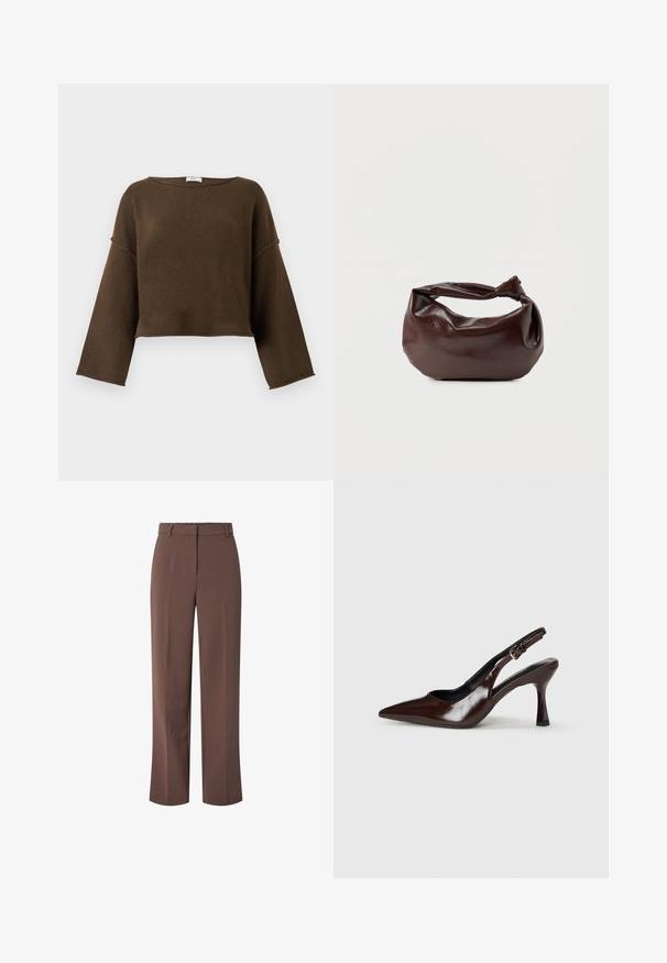 Pull court marron avec une encolure large, des manches longues et une texture douce. Design simple et sans ornements, adapté à diverses tenues.; Pantalons tailleur marron taille haute avec passants de ceinture et fermeture à glissière à l'avant, présentant une coupe droite.; Talons slingback en cuir verni brun avec un bout pointu, un talon fin, et une sangle réglable avec une petite boucle.; Sac bandoulière en cuir marron foncé avec une forme souple et décontractée et une anse nouée torsadée sur un fond blanc uni.