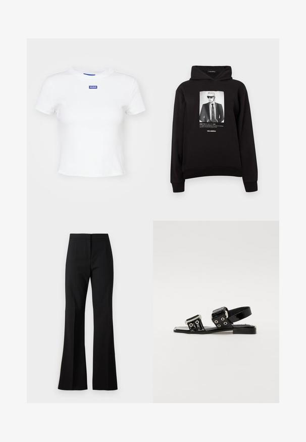 Schwarzer Hoodie mit einem Frontdruck einer Figur in Sonnenbrille, die einen Anzug und eine Krawatte trägt. Gerippte Bündchen und Saum sorgen für eine taillierte Passform.; Weißes Baumwoll-T-Shirt mit kurzen Ärmeln, Rundhalsausschnitt und einem blauen rechteckigen Logopatch mit der Aufschrift "HUGO" auf der Vorderseite in der Mitte.; Schwarze ausgestellte Hose aus glattem Stoff, mit hoher Taille, vorderen Bügelfalten und sauberem Saumabschluss.; Schwarze Lackleder-Sandalen mit zwei breiten Riemen, die mit silbernen Ösen und Schnallen verziert sind, flacher Sohle und einem Knöchelriemendesign.