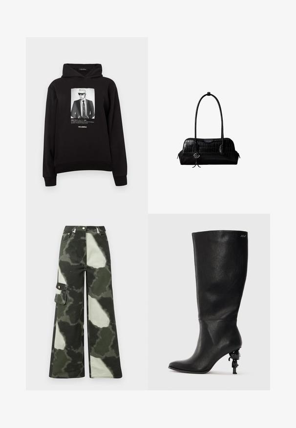 Hoodie noir avec une impression sur le devant d'une silhouette portant des lunettes de soleil, en costume et cravate. Les poignets et l'ourlet côtelés offrent un look ajusté.; Pantalon cargo à jambe large en camouflage vert foncé et gris clair. Caractéristiques : poche latérale et bouton en métal, fabriqué en coton durable.; Botte noire à mi-mollet en cuir lisse. Elle possède un bout pointu et un talon sculptural distinctif avec un accent décoratif.; Sac à épaule en cuir noir à texture crocodile, avec de longues sangles et un petit charm logo argenté sur une sangle.