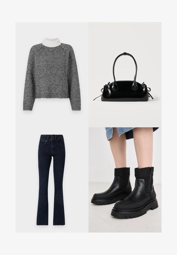Vero Moda VMFELIZE HIGH NECK PULLOVER - Svetrík - birch/black; Tmavomodré rozšírené džínsy s vysokým pásom, zapínaním na dva gombíky, piatimi vreckami a hladkou denimovou textúrou.; Čierne kožené členkové topánky s textúrovaným látkovým lemom, masívnou gumovou podrážkou a bočnými zipsovými detailmi. Hladký povrch s moderným dizajnom.; Malá čierna lesklá kabelka s dvoma dlhými rúčkami a bočnými šnúrkovými detailmi na jednoduchom svetlom pozadí.