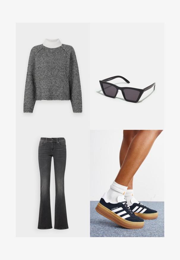 Vero Moda VMFELIZE HIGH NECK PULLOVER - Svetrík - birch/black; Tmavošedé riflové džínsy s jemným vyblednutím, stredne vysoký pás, zapínanie na gombík a mierne rozšírenie na lemoch.; Nohy v bielych ponožkách a čiernych teniskách Adidas Gazelle s bielymi pruhmi a hrubými hnedými podrážkami na sivom koberci.; Čierne, ostré slnečné okuliare so sivými sklami; vyrobené z plastu, majú hrubé ramená s hladkým povrchom a bez viditeľnej mechaniky.