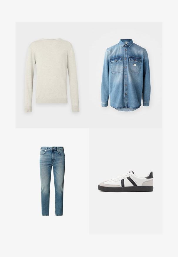 Pikkade varrukatega beež crewneck särk ribatud mansettide ja hemiga, esitatud ühtlase valge tausta peal.; Hele sinine teksasärk pika varrukaga, kahe rinna taskuga, nööbiga ees ja tumedamate taskute ülaosadega. Omab ümarat hemmi.; Heledad kollane teksased, sirge lõikega, viie tasku ja lukuga. Pleekinud kohad põlvede lähedal ja õrn hargnemine reitel.; Valged tossud mustade ja hallide aktsentidega, tekstureeritud halli varbakattega, musta kummitald ja lamedad valged paelad. Puhtad jooned, minimalistlik stiil.