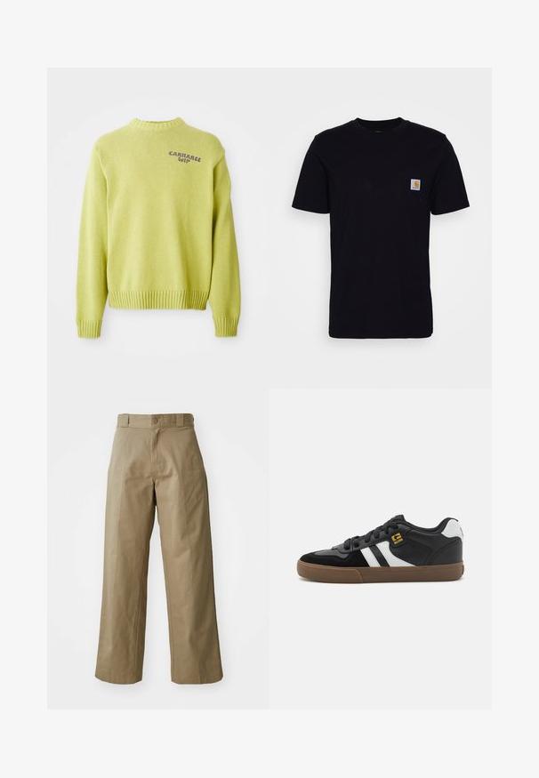 Lysegrøn strikket sweater med ribbet hals og manchetter. Har et lilla "Carhartt WIP" logo på ryggen og en afslappet pasform.; Sort bomulds T-shirt med korte ærmer, rund hals og en brystlomme, der har et lille, kvadratisk logo-patch. Enkel, ensfarvet design.; Khaki bredde ben bukser lavet af bomuldsblandingsstof, med en enkelt knaplukning og synlige sidelommer. Glat tekstur, plisseret detalje.; Sorte og hvide sneakers med overdel i ruskind og læder, der har hvide striber, sorte snørebånd og en brun gummisål. Guld logo detaljer.