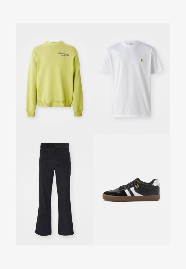 Lysegrøn strikket sweater med ribbet hals og manchetter. Har et lilla "Carhartt WIP" logo på ryggen og en afslappet pasform.; Hvid bomulds t-shirt med korte ærmer, rund hals og et lille guld logo på venstre brystområde. Blød tekstur og almindelig pasform.; Sorte kordfløjl bukser med en afslappet pasform, der har en klassisk talje og flagrende ben, blød tekstur og uden synlige mønstre eller detaljer.; Sorte og hvide sneakers med overdel i ruskind og læder, der har hvide striber, sorte snørebånd og en brun gummisål. Guld logo detaljer.
