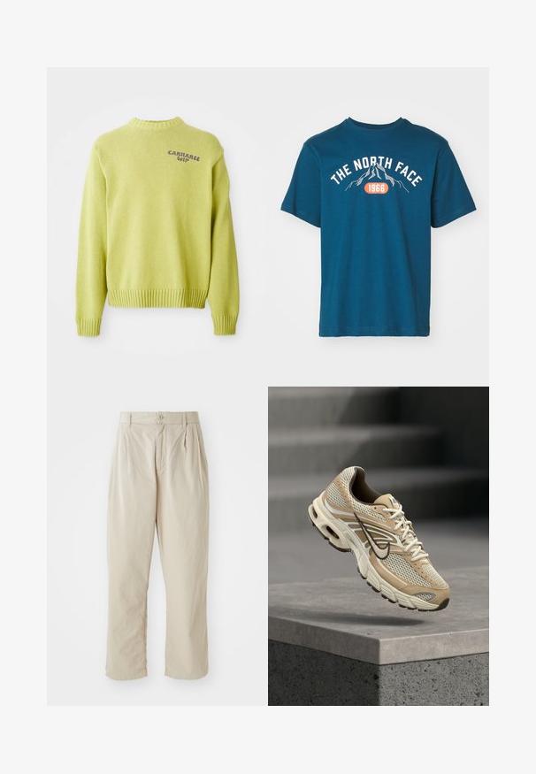 Lysegrøn strikket sweater med ribbet hals og manchetter. Har et lilla "Carhartt WIP" logo på ryggen og en afslappet pasform.; The North Face M VARSITY GRAPHIC RELAXED SS TEE - T-shirts print - midnight petrol; Beige, lette bukser med en afslappet pasform, indsyede folder foran, knaplukning og opbrettede kanter. Glat tekstur, minimalistisk design.; Beige og hvid Nike løbesko med mesh paneler og sort swoosh, der svæver over en betonkant med slørede trapper i baggrunden.