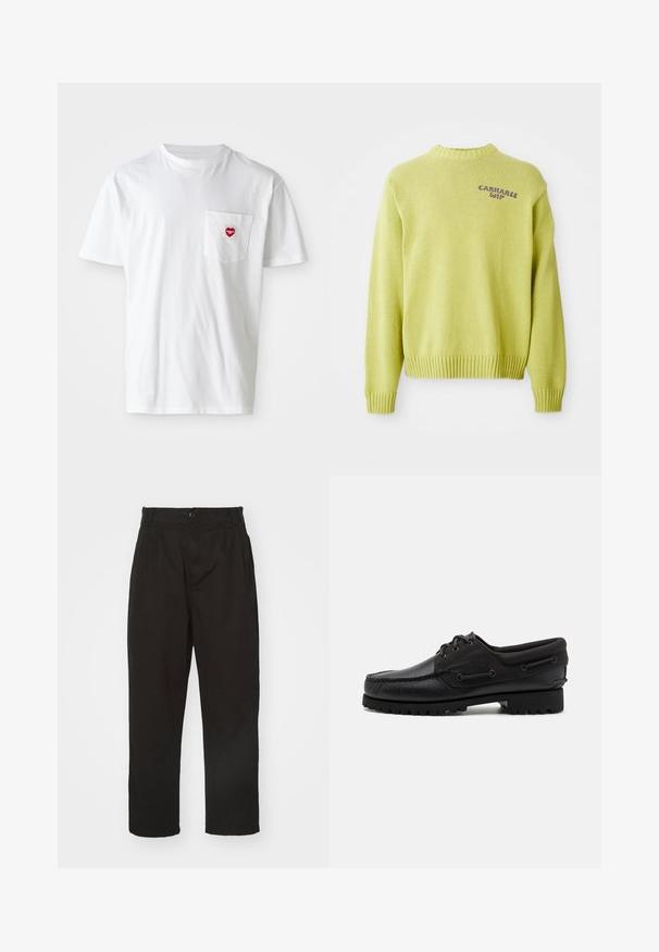 Hellgrüner gestrickter Pullover mit ribbeligem Ausschnitt und Bündchen. Auf der Rückseite befindet sich ein lila "Carhartt WIP"-Logo, mit einem lockeren Schnitt.; Weißes Baumwoll-T-Shirt mit rundem Halsausschnitt und kurzen Ärmeln. Verfügt über ein kleines rotes Herzlogo auf der linken Brusttasche.; Schwarze Hose aus glattem Stoff, mit Knopfverschluss, geradem Schnitt und zwei vorderen Falten für zusätzlichen Detail.; Schwarzer Schuh mit einem Obermaterial aus Leder, textilen Akzenten, runden Schnürsenkeln und einer strukturierten Gummisohle. Verfügt über Mokassin-Nähte und eine Markeninschrift.