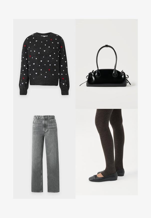 Mørkegrå striktrøje med hvide og røde hjerte mønstre, rund hals, lange ærmer og ribbede manchetter for tekstur.; Grå brede jeans lavet af denim, med høj talje, fem lommer og sømdetaljer. Stof har et falmet, tekstureret udseende.; Ben iført mørke ribbede leggings kombineret med sorte balletsko med små sløjfedetaljer på hvid baggrund.; Lille sort blank håndtaske med to lange håndtag og snøre-detaljer i siden på en ensfarvet lys baggrund.