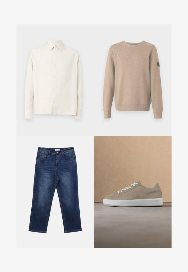 TOM TAILOR STRUCTURED CREW NECK - Collegepaita - palm cashmere structure; Harmaan beige pitkähihaisessa paidassa on teksturoitu kangas. Siinä on kauluspainike ja suora helma.; Tummansiniset suoralahkeiset farkut, joissa on etutaskut ja nappikiinnitys valkoisella taustalla.; Beige mokkanahkainen tennari, jossa on valkoiset nauhat ja paksu valkoinen pohja, leijuu beigen värisen maton yllä beigen sohvapöydän edessä.