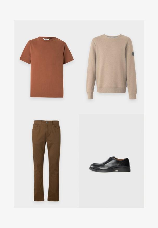 TOM TAILOR STRUCTURED CREW NECK - Sweatshirt - palm cashmere structure; Brun kortærmet t-shirt med rund hals lavet af blød bomuld, med et enkelt design uden synlige mønstre eller dekorationer.; Brune lige bukser med forknytte og lynlås, for- og baglommer samt bæltestropper.; Sorte lædersko med rund tå, glat overflade, snøre detaljer og en lav, tekstureret gummisål. Rene linjer og minimalistisk design.