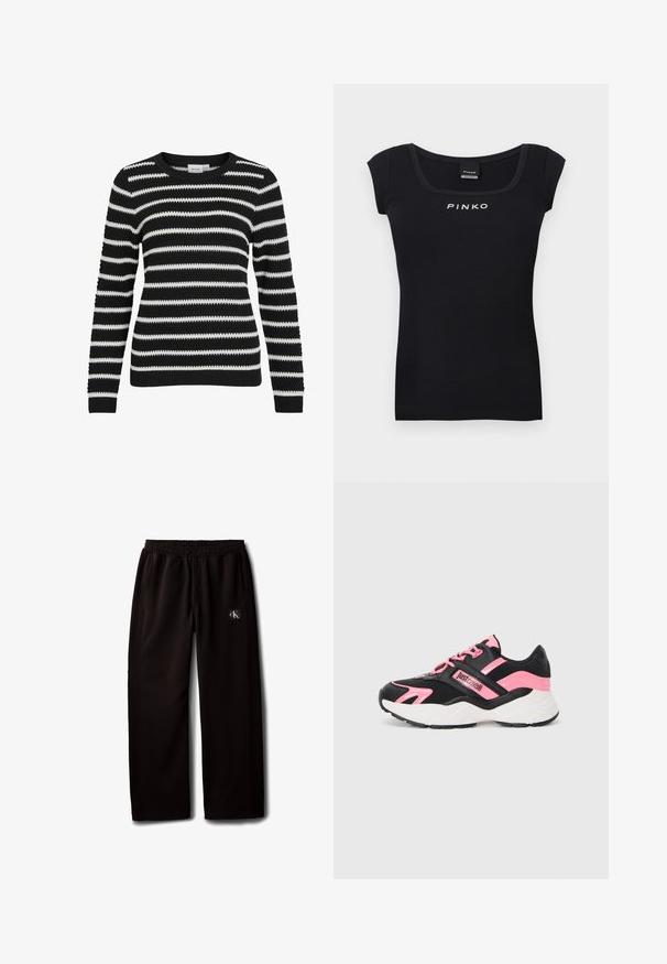 Sort og hvid stribet sweater, strikket tekstur, rund halsudskæring, lange ærmer, ribbede manchetter og kant, der har skiftende brede og smalle striber.; Sort kortærmet ribbet top med firkantet halsudskæring og hvidt "PINKO"-logo centreret på brystet.; Sorte vidde bukser med elastisk taljebånd og sidelommer, med en lille Calvin Klein-logo patch på højre lår.; Sort og pink atletiske sneakers med en tekstureret overdel, kontrasterende overlays, en chunky hvid sål og pink snørebånd med brandingdetalje.