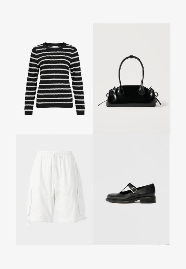 Gestreifter Pullover in Schwarz und Weiß, gestrickte Textur, runder Ausschnitt, lange Ärmel, Rippbündchen und -saum, mit abwechselnd breiten und schmalen Streifen.; Weiße Cargo-Shorts mit elastischem Bund und Kordelzug, ausgestattet mit zwei Seitentaschen und verstellbaren Saumkordeln. Hergestellt aus leichtem Stoff.; Schwarzer Mary-Jane-Schuh aus Leder mit runder Zehenpartie, T-Riemen-Design, verstellbarer Schnalle und niedrigem, gestapeltem Absatz. Glatte Textur mit minimalen Details.; Kleine schwarze glänzende Handtasche mit zwei langen Griffen und seitlichen Kordelzug-Details vor einfachem hellem Hintergrund.