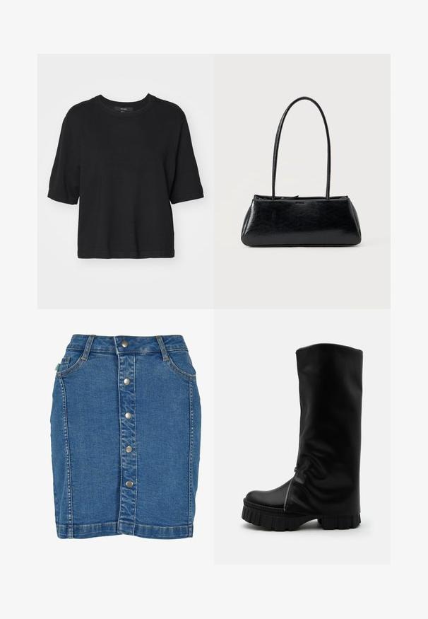 Top negro de punto de manga corta con cuello redondo, con un corte recto y puños doblados, fabricado con un material liso y suave.; Falda de mezclilla con cierre de botones en el frente, diseño ajustado, color azul claro y detalles de costura sutiles.; Bota alta de cuero negro con suela gruesa y estriada y cremallera que corre verticalmente a lo largo del costado frontal, sobre un fondo sencillo.; Bolso de hombro rectangular negro con correas largas y delgadas y una textura lisa y brillante sobre un fondo liso.