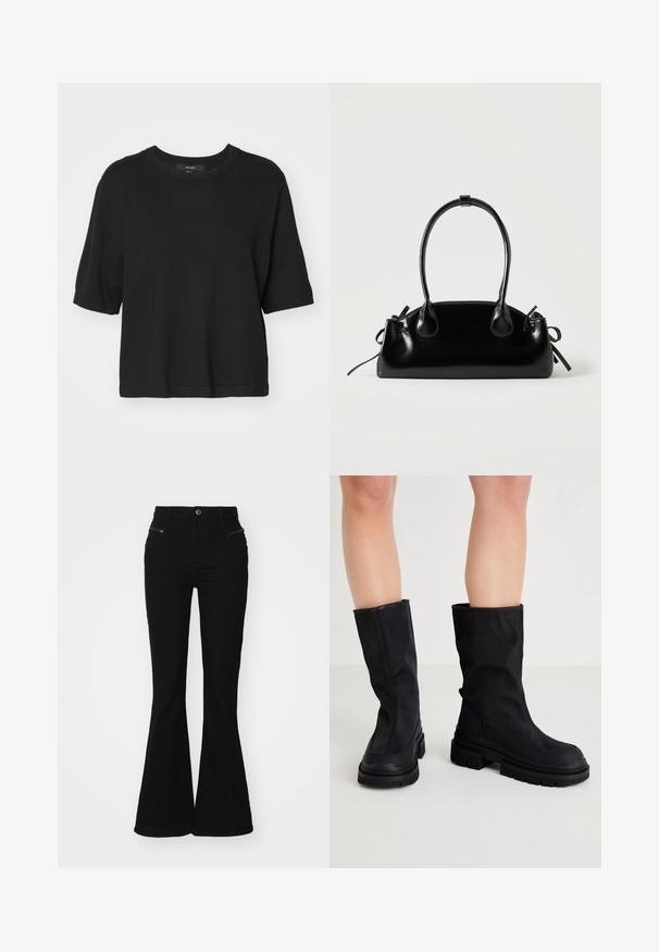 Zwart fijngebreid topje met korte mouwen en een ronde hals, met een rechte snit en opgerolde manchetten, gemaakt van een glad, zacht materiaal.; Zwarte flared jeans met een hoge taille, voorzien van zijzakken en ritssluitingen. Gemaakt van denim met een gladde textuur.; Zwarte kniehoog laarzen van een glad textielmateriaal met een dikke rubberen zool, kenmerken een minimalistisch ontwerp en subtiele stikdetails.; Kleine zwarte glanzende handtas met twee lange hengsels en zijkant trekkoord details op een effen lichte achtergrond.
