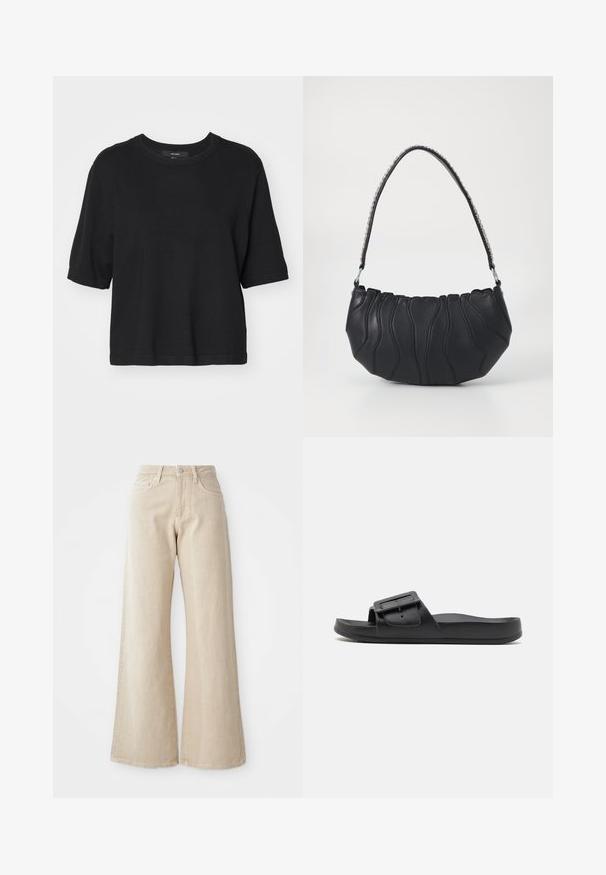 Top en maille noir à manches courtes avec un col rond, présentant une coupe droite et des poignets retroussés, confectionné dans un matériau lisse et doux.; Jean large beige en denim, avec une taille haute, des poches avant et un design uni sans motifs ni accents.; Sandale noire à semelle plate avec une large sangle, boucle ajustable et texture mate lisse. Design simple sans motifs supplémentaires.; Sac à main en cuir noir avec une forme courbée, un détail de couture ondulée et une bandoulière en chaîne argentée. Texture lisse, taille compacte.