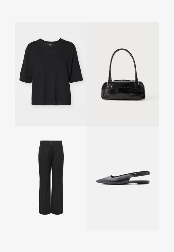 Top en maille noir à manches courtes avec un col rond, présentant une coupe droite et des poignets retroussés, confectionné dans un matériau lisse et doux.; Pantalons larges noirs en tissu lisse, avec une fermeture à bouton et des plis pour une apparence soignée.; Chaussure plate en cuir noir à bout pointu, bride arrière avec talon bas et bride ajustable sur fond clair.; Sac à main en cuir noir de forme rectangulaire, doté d'une seule ansse structurée, de quincaillerie argentée et d'une fermeture éclair. Texture lisse.