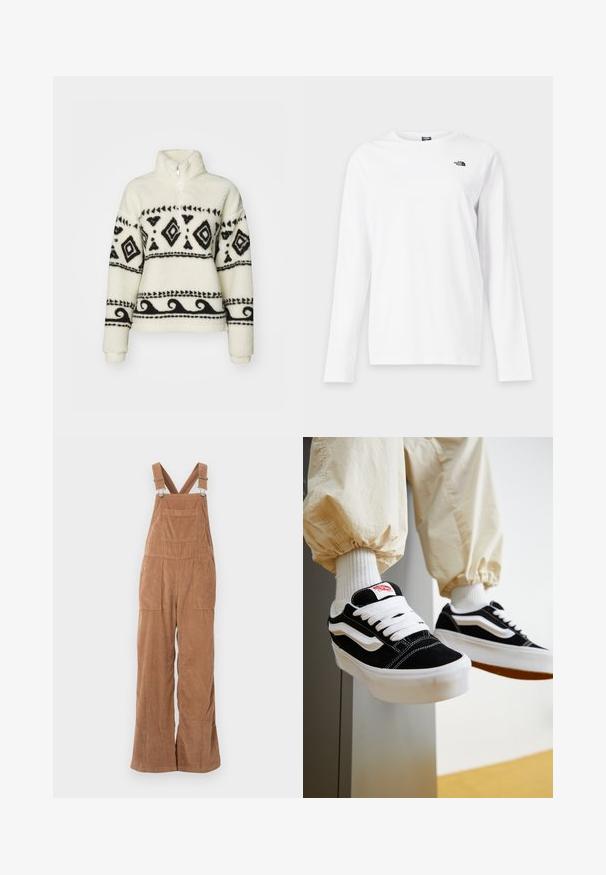 Pull-over en polaire crème avec des motifs tribaux noirs. Doté d'un col zippé mi-hauteur et de manches longues. Texture douce et coupe décontractée.; T-shirt blanc à manches longues avec col rond et petit logo noir The North Face sur le côté gauche de la poitrine.; Salopette en velours côtelé marron avec jambes larges, bretelles réglables et poche avant. Texture douce avec un motif de côtes verticales.; Personne portant des baskets Vans noires et blanches avec des lacets blancs, des chaussettes blanches et un pantalon beige avec des poignets élastiques.