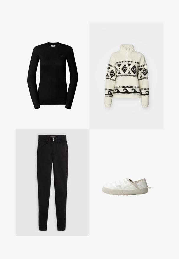 Fleecepullover i creme med sorte tribalmønstre. Har en halvnedsunket krave og lange ærmer. Blød tekstur og afslappet pasform.; The North Face W EASY L/S CREW NECK - Langærmet T-shirt - tnf black; Sorte jeans i bomuld med et slankt fit, der har lukning med knapper, fem-lomme design og subtile syningsdetaljer.; Hvid isoleret slip-on sko med en quiltet tekstur, blød stofoverdel og gummisål. Har en hæl-trækflap for nem påtagning.