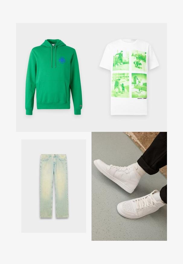 Grøn hoodie med kængurulomme, snørehætte og lilla broderet logo på brystet. Ribbet manchetter og kant. Blød tekstur.; Hvid T-shirt med fire grønligt tonede fotos, der viser personer, der skater og går udendørs i bymiljøer.; Lyseblå denimjeans med løs pasform, fem lommer, lynlås og en slidt finish langs lår og knæ.; Hvide høj-top sneakers lavet af glat læder med perforeret tå, snørelukning og subtil logo detaljer på siden. Tekstureret gummisål.