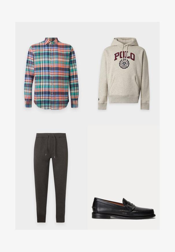 Helehall kapuutsiga pusajakk ees tasku, bordo värvi tekst "POLO" ja ümmargune Polo Ralph Lauren New Yorki logo rinnal.; Pikkade varrukatega nööbitekkidega särk, millel on mitmevärviline plaadimuster oranžis, rohelises, sinises, tumesinis ja kreemis, lihtsa tausta peal.; Tumedat hallid spordipüksid pehmest materjalist, millel on elastne vöökoht nööriga, kitsenevad sääred ja pahkluudes mansetid.; Mustast nahast loafer madala kontsa ja penny rihma detailiga, näidatud küljelt helehallil taustal.