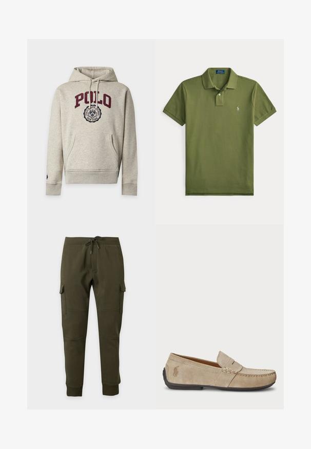 Lysegrå hættetrøje med frontlomme, bordeaux "POLO" tekst og cirkulært Polo Ralph Lauren New York-logo på brystet.; Grøn Polo Ralph Lauren kortærmet skjorte med krave, to knapper og lille hvid broderet logo på venstre bryst.; Mørkegrønne cargo joggerbukser med snøre i taljen, sidelommer med klapper, ribben manchetter ved anklerne og knæ-sømme detaljer på en ensfarvet baggrund.; Beige ruskindsloafers med syninger, flad gummisål og et lille logo på siden. Klassisk slip-on design, blød tekstur.