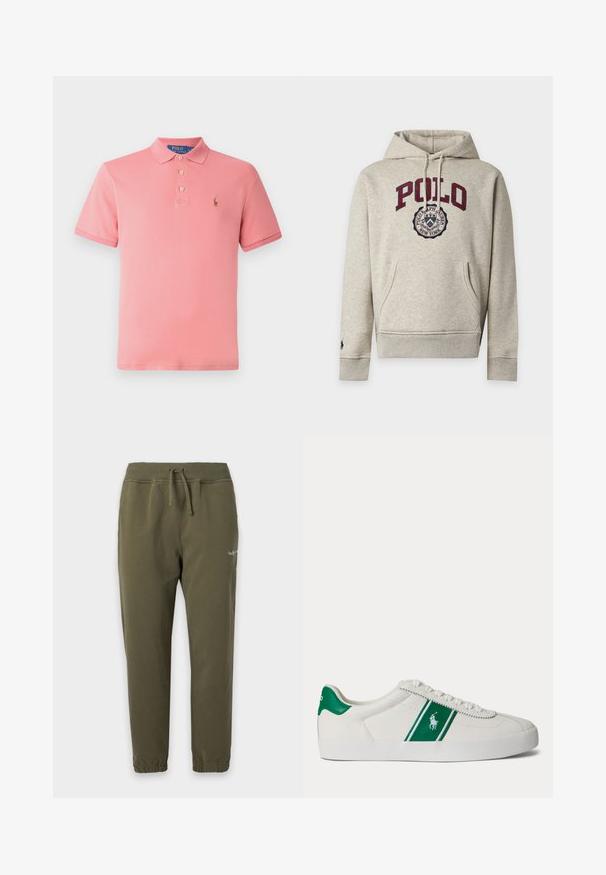 Helehall kapuutsiga pusajakk ees tasku, bordo värvi tekst "POLO" ja ümmargune Polo Ralph Lauren New Yorki logo rinnal.; Roosa polo särk, mis on valmistatud puuvillast. Omab klassikalist kraed, kolme nupuga paelust ja tikitud logo vasakul rinnal. Lühikesed varrukad.; Oliivrohelised dressipüksid elastse vöökoha ja mansettidega, paelaga ning väike valge logo reie ülaosas.; Valge madala säärega toss roheline triibu ja Polo logoga küljel, rohelise kandmisega ja valgete paeltega, esitatud vasakult küljelt lihtsal taustal.