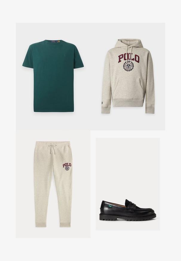 Hellgrauer Kapuzenpullover mit Fronttasche, bordeauxrotem "POLO"-Text und rundem Polo Ralph Lauren New York-Logo auf der Brust.; Dunkelgrünes Baumwoll-T-Shirt mit rundem Ausschnitt und kurzen Ärmeln. Verfügt über ein kleines besticktes Logo auf der linken Brust. Angenehme Textur, klassischer Schnitt.; Beige Sweathose mit Kordelzug und Seitentaschen sowie rotem "POLO"-Logo und Emblem am oberen linken Oberschenkel.; Schwarzer Lederloafer mit dicker Sohle, abgerundeter Spitze und grünem Polo-Logo-Label an der Seite.