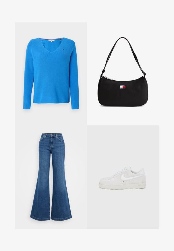 Langærmet V-hals sweater i klar blå med strikket tekstur, som har en diskret logodetalje og kontrastfarvede kanter ved halsudskæringen.; Blå denim flared jeans med høj talje, der har et klassisk five-pocket design og en glat tekstur. Kantene er brede og færdigbehandlede.; Hvid ruskind Nike Air Force 1-sneaker med tekstureret finish, rund tå og kontrasterende hvid logo-accent, med en gummisål.; Lille sort skuldertaske med buet top lynlås og "Tommy Jeans" logo patch foran, med sort rem med hvid tekst.