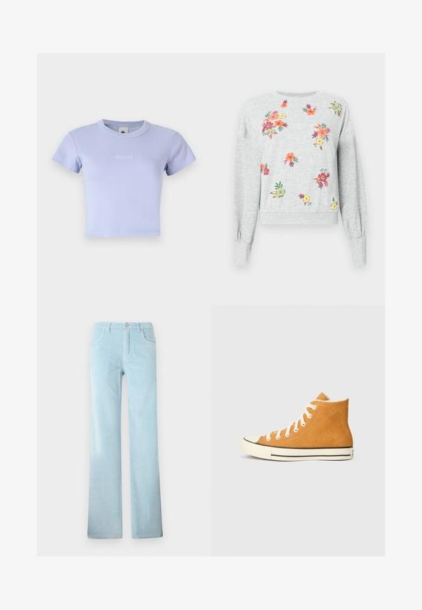 Sweatshirt gris à manches longues et bords côtelés, ornée de broderies florales multicolores dispersées sur le devant et le dos.; T-shirt court en coton ribcé de couleur violet clair avec des manches courtes et un col rond. Présente un logo brodé subtil sur le devant.; Pantalon en velours côtelé bleu clair avec coupe droite, fermeture par bouton et poches avant, présenté sur un fond blanc uni.; Baskets montantes en suède orange avec des lacets blancs, un embout en caoutchouc et une bande d'accent noire le long de la semelle.