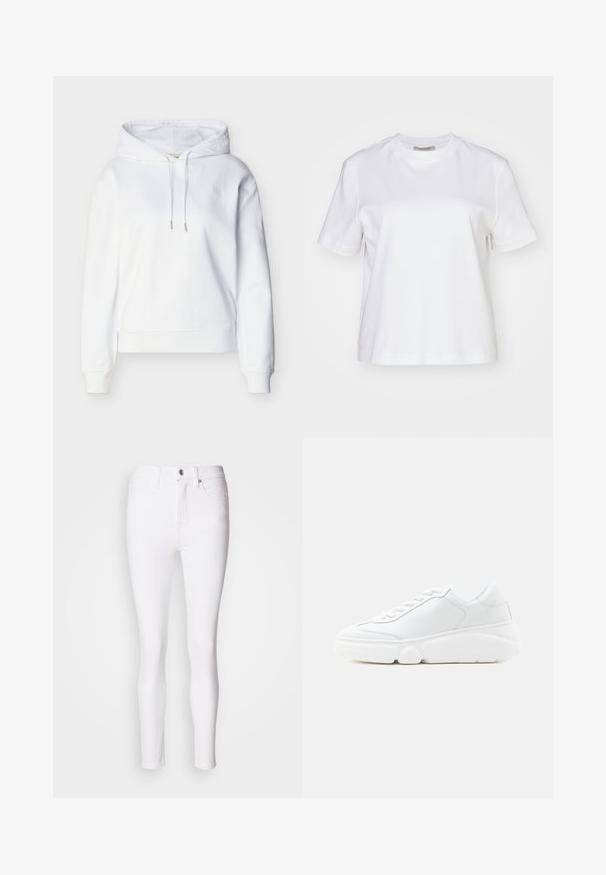 Weißer Hoodie mit langen Ärmeln, Kordelzug, gerippten Bündchen und Saum sowie dezentem "ck"-Logo auf der linken Brust.; AllSaints LISA TEE - T-Shirt basic - white; Weiße Denim-Skinny-Jeans mit hoher Taille, ausgestattet mit einem Frontknopf und Reißverschluss sowie fünf Taschen. Glatte Textur, figurbetontes Design.; Weißer Sneaker mit niedrigem Schnitt, dicker Sohle, Schnürung vorne und glattem Lederobermaterial, seitlich vor weißem Hintergrund dargestellt.