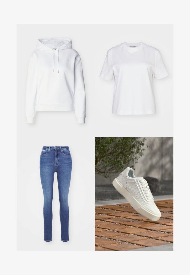 Witte hoodie met lange mouwen, trekkoorden, geribbelde manchetten en zoom, en een subtiel "ck" logo op de linkerborst.; AllSaints LISA TEE - T-shirt basic - white; Skinny jeans in lichtblauwe denim. Beschikt over een hoge taille, klassiek vijf-pocket design en metalen knoopsluiting bij de taille.; Witte sneaker met geometrisch patroon en dikke zool, hangend boven een houten lattenvloer buiten, met groen en een muur op de achtergrond.