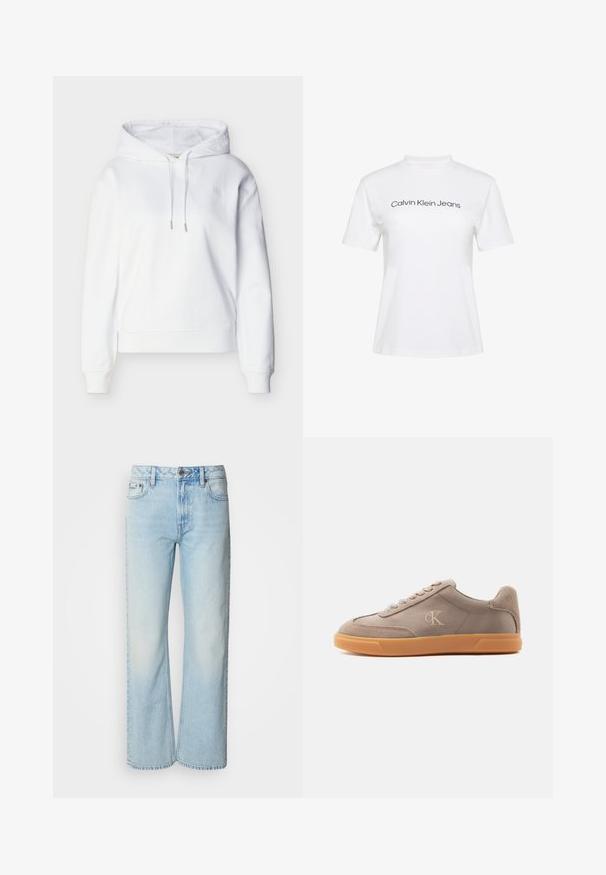 Hoodie blanc à manches longues avec cordons de serrage, poignets et ourlet côtelés, et un discret logo "ck" sur la poitrine gauche.; T-shirt en coton blanc avec col rond et manches courtes, arborant le texte "Calvin Klein Jeans" en impression noire sur la poitrine.; Jeans à jambes larges bleu clair en denim, présentant un design classique à cinq poches et une texture légèrement décolorée. La couture en denim est visible.; Baskets basses taupe avec éléments en daim beige, semelle en caoutchouc naturel, lacets à l'avant et logo "cK" embossé sur le côté.