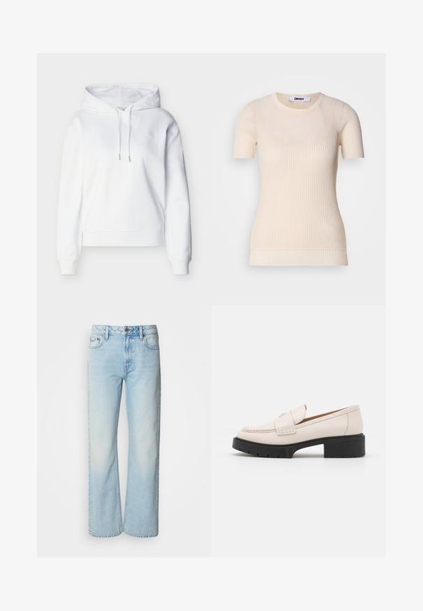 Witte hoodie met lange mouwen, trekkoorden, geribbelde manchetten en zoom, en een subtiel "ck" logo op de linkerborst.; Crème ribfluwelen top met korte mouwen en een ronde halslijn. Gemaakt van een zachte stof, met een getailleerde pasvorm en een subtiele textuur. DKNY-label zichtbaar.; Lichtblauwe wijde jeans van denim, voorzien van een klassiek vijf-pocket ontwerp en een subtiele vervaagde textuur. Denimstiksels zijn zichtbaar.; Lichtbeige leren loafers met een gestikte voorkant en een textuur met een zwarte plateauhak. Beschikt over een gebogen ontwerp en een lichte verhoging.