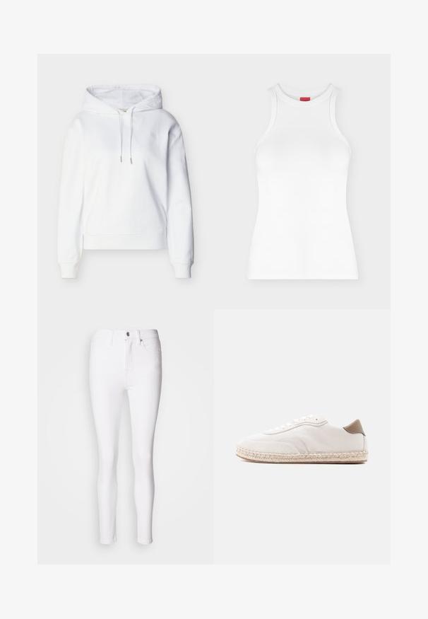 Hoodie blanc à manches longues avec cordons de serrage, poignets et ourlet côtelés, et un discret logo "ck" sur la poitrine gauche.; Débardeur côtelé blanc sans manches avec col montant et coupe ajustée, présenté sur un fond clair uni.; Jean skinny en denim blanc avec une taille haute, dotés d'une fermeture par bouton et zipper à l'avant, et de cinq poches. Texture lisse, design ajusté.; Baskets blanches avec une tige en daim, des accents beiges et une semelle en jute tressé. Elles sont équipées de lacets plats et arborent un logo de marque sur le côté.