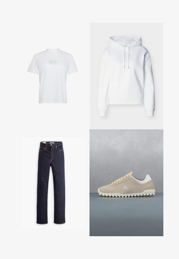 Witte hoodie met lange mouwen, trekkoorden, geribbelde manchetten en zoom, en een subtiel "ck" logo op de linkerborst.; Witte katoenen t-shirt met korte mouwen, een ronde hals en een goudkleurig gedrukt Calvin Klein-logo aan de voorkant.; Donkerblauwe straight-leg denim jeans met vijf zakken en zichtbare oranje stiksels op een witte achtergrond.; Beige suède sneaker met witte zool en "ck"-logo, zwevend boven een houten tegelvloer met kiezels tussen de voegen en een vage plantenachtergrond.
