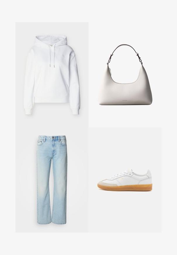 Witte hoodie met lange mouwen, trekkoorden, geribbelde manchetten en zoom, en een subtiel "ck" logo op de linkerborst.; Lichtblauwe wijde jeans van denim, voorzien van een klassiek vijf-pocket ontwerp en een subtiele vervaagde textuur. Denimstiksels zijn zichtbaar.; Witte leren sneaker met beige suède accenten, gumrubberen zool en vetersluiting. Heeft subtiele branding in goud.; Romige Calvin Klein leren schoudertas met gebogen bovenrand, zilveren rits en donkerbruine verstelbare riem.