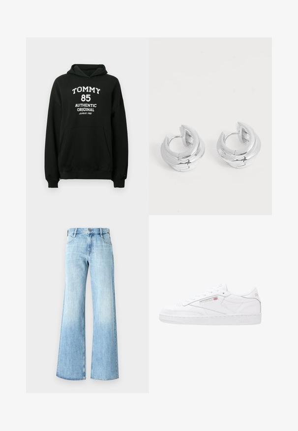 Sort hættetrøje lavet af blødt stof med kengurulomme. Har hvid tekst: "TOMMY 85 AUTHENTIC ORIGINAL siden 1985" på fronten.; Lyseblå denim flare jeans med høj talje, klassisk fem-lomme design og knaplukning, samt en let falmning nær kanten.; Hvide lædersneakers med lavt design, snørebåndslukning, struktureret sidepanel og præget Reebok-logo. Gummisål.; Par blanke sølvfarvede metal hoop-øreringe med lagdelt halvmåne-design på en ensfarvet hvid baggrund.