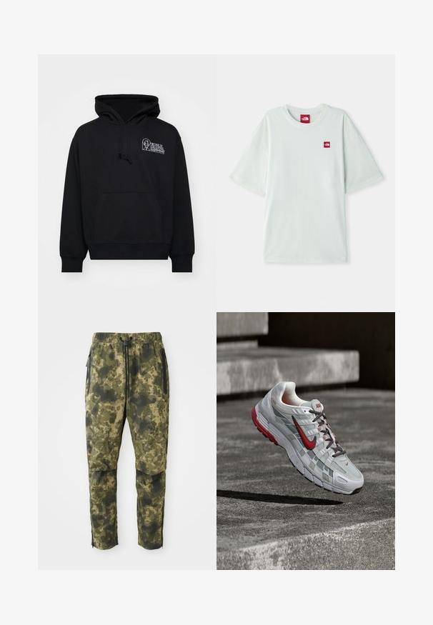 Sort hættejakke lavet af blødt stof, med en kængurulomme, snor i hætten og hvidt logo-tekst på venstre brystområde.; Lysegrøn kortærmet t-shirt lavet af blød bomuld, med et lille rødt logo på venstre brystområde. Løs pasform og rund halsudskæring.; Kamuflagebukser i forskellige nuancer af grøn med et digitalt mønster. Har elastisk talje, snor og sidelommer med lynlås.; Hvid og grå Nike løbesko med røde accenter og sorte snørebånd, ophængt over grå beton-trin.