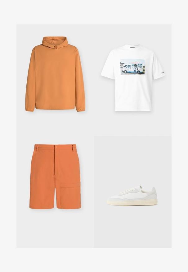 Pull à capuche orange à manches longues avec poignets élastiques et cordon de serrage réglable à l'avant de la capuche, présenté sur un fond clair.; T-shirt blanc avec une photo imprimée d’une personne debout à côté d’un camion "Sunburn Ice Cream" dans un parking ensoleillé.; Short orange longueur genou avec fermeture par bouton et zip, passants de ceinture et grande poche latérale sur la jambe droite.; Baskets blanches avec dessus en daim et cuir texturé. Caractérisées par un bout arrondi, une fermeture à lacets et une semelle en caoutchouc beige contrastante.
