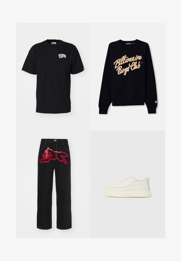 Sudadera negra con un gran logo de "Billionaire Boys Club" en dorado y blanco con patrón de cuadrícula en el frente, y puños y dobladillo acanalados.; Camiseta de algodón negra con cuello redondo y mangas cortas. Presenta un logo impreso blanco en el área del pecho izquierdo. Diseño simple, corte estándar.; Jeans de mezclilla negra con un gran gráfico rojo de un gato en salto en el bolsillo trasero, con costuras amarillas contrastantes a lo largo de las costuras.; Zapatilla slip-on en material texturizado color blanco roto con una suela gruesa y estriada. Presenta costuras mínimas y un sutil acento azul claro.